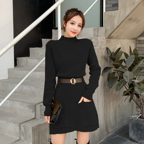 Damen Strickkleid mit hochgeschlossenem Kragen und praktischen Taschen WW