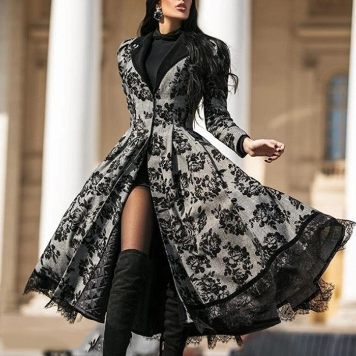 Damen Mantelkleid mit floraler Vintage-Spitze und ausgestelltem Rockteil
