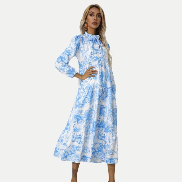 W&W Mode | Toile-Druck Midi-Kleid mit hohem Kragen