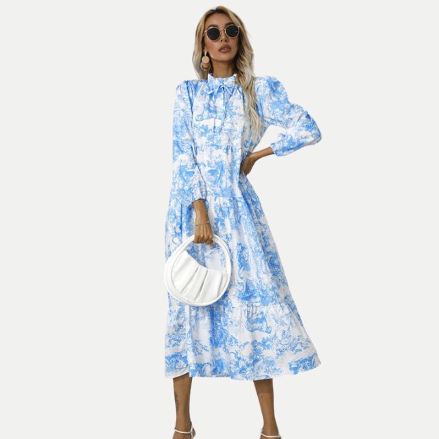 WW | Toile-Druck Midi-Kleid mit hohem Kragen