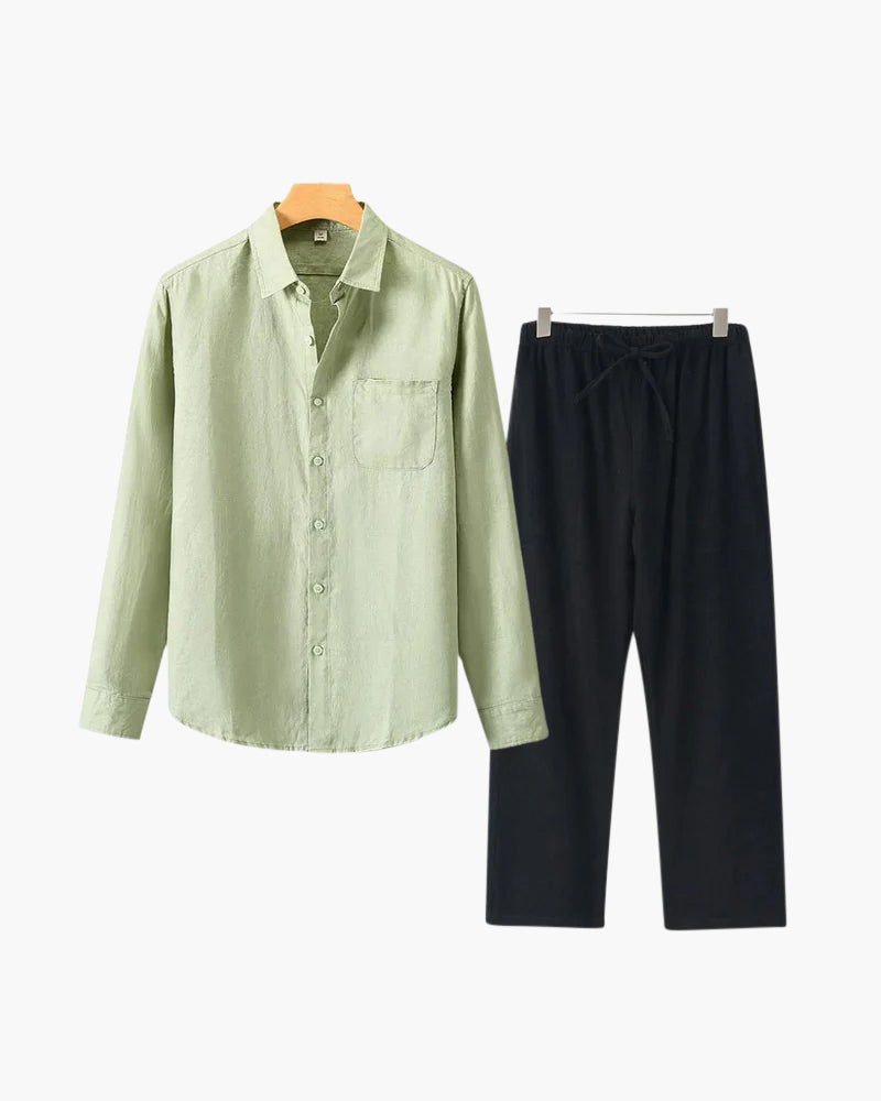 WW | Lange Ärmel Hemd & Hose Zweiteiliges Leinen Satz Herren Sommer Outfit