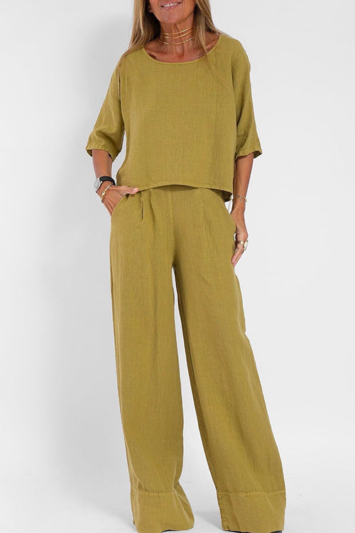 W&W Mode | Rosiedress Rundhals 3/4 Ärmel Pullover Weite Beinhosen Baumwolle Leinen Set