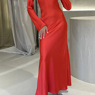 WW | Rosiedress Rundhals Lange Ärmel Satin Maxi Partykleid