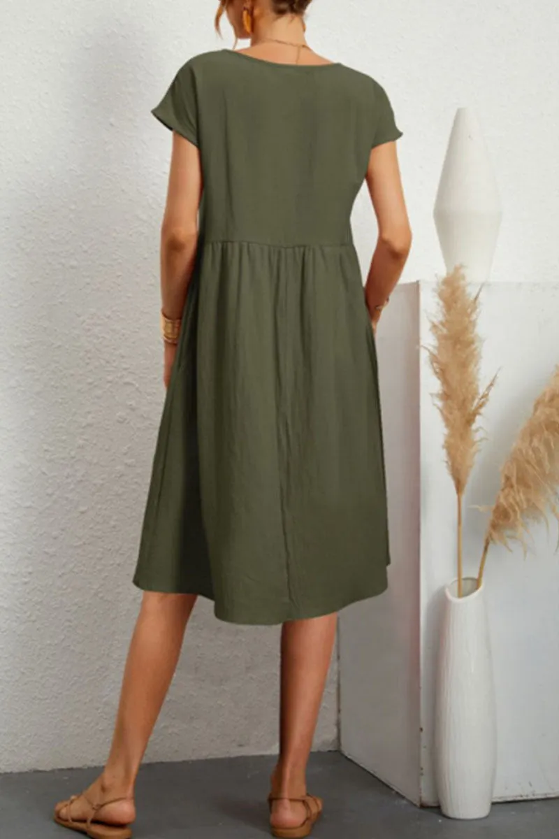 WW | Schickes Kurzärmliges Kleid mit Rundhalsausschnitt aus Einfarbigem Patchwork