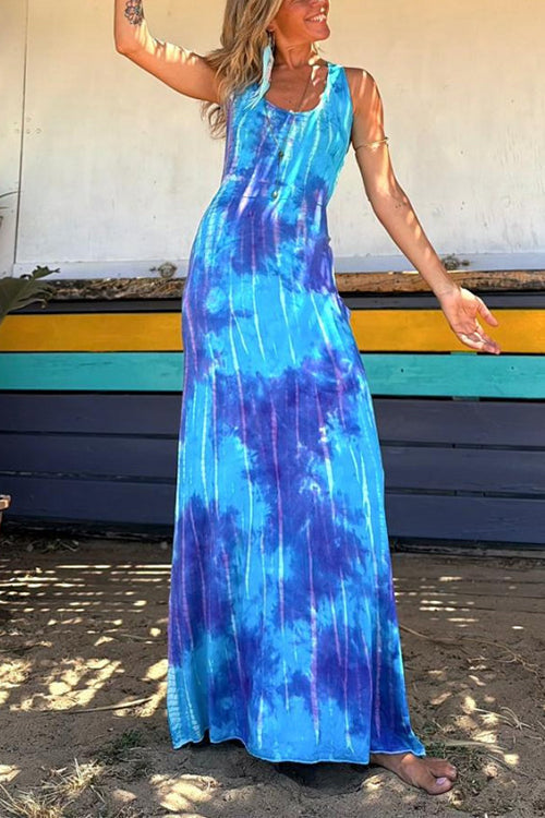 WW | Scoop Neck Rückenfreies Criss Cross Tie Dye Maxikleid
