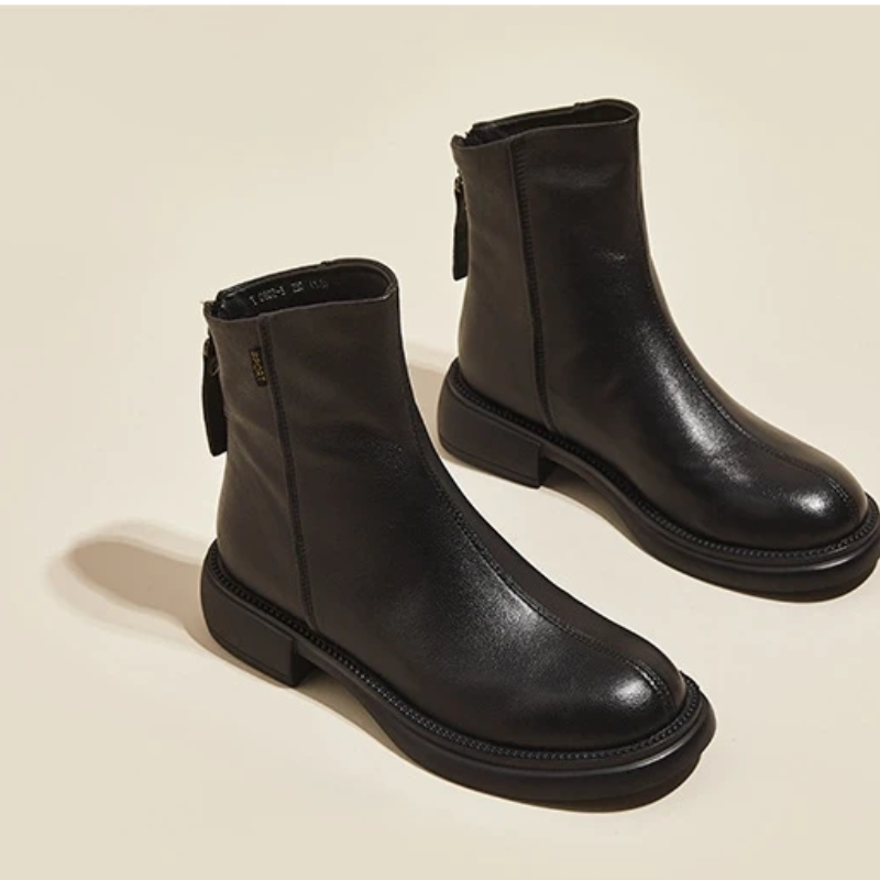 Damen Leder-Ankle-Boots mit rückseitigem Reißverschluss und niedrigem Absatz