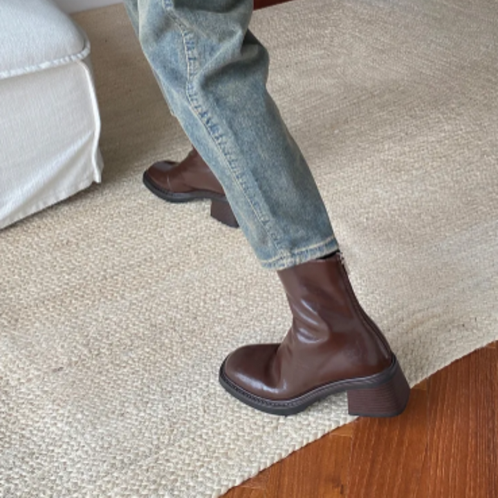 Damen-Leder-Ankle-Boots mit Blockabsatz
