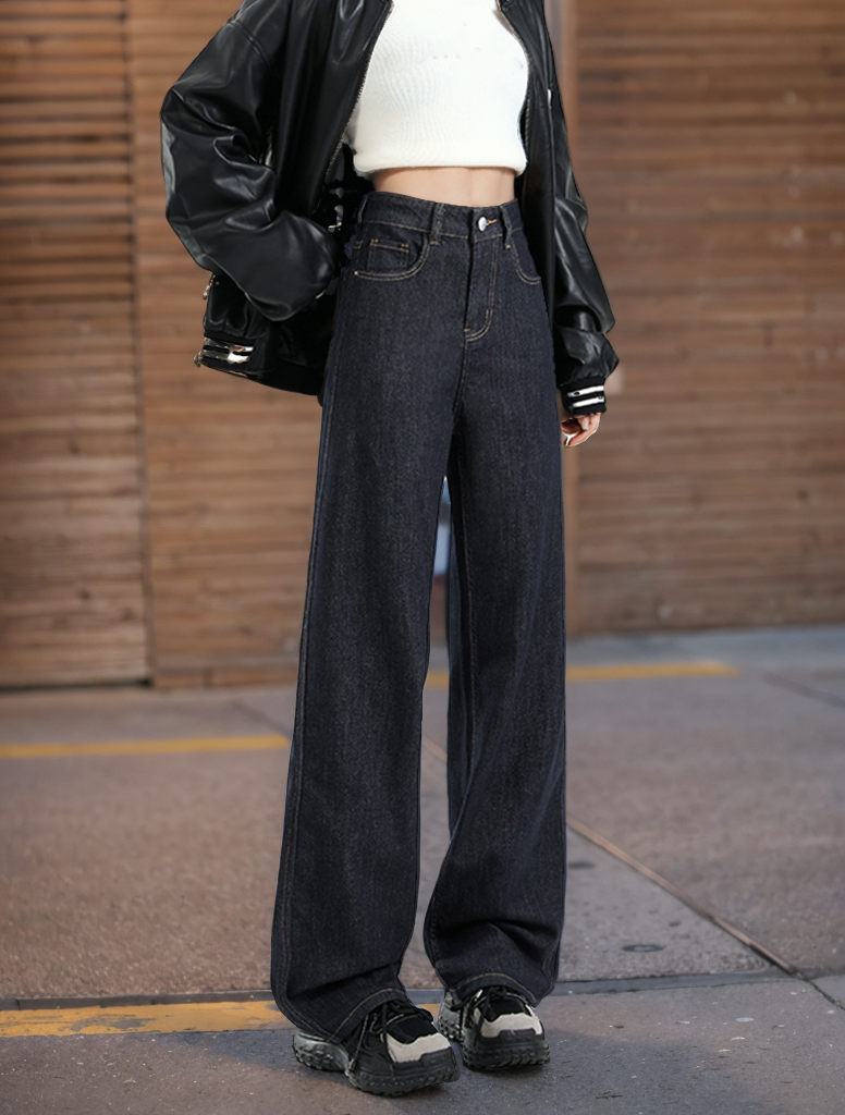 W&W Mode | Lockere Dunkle Hohe Taillen Bodenlange Denim Hose