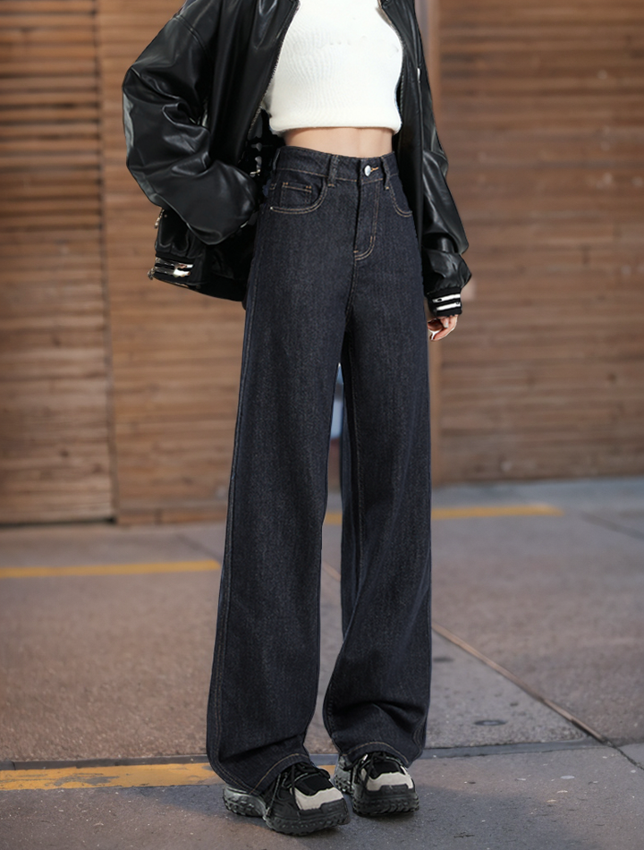 W&W Mode | Lockere Dunkle Hohe Taillen Bodenlange Denim Hose