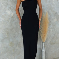 WW | Strapless Tube Schlitz Rippenstrick Midi Kleid