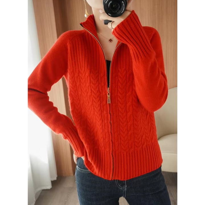 W&W Mode | Gestrickte Jacke Damen Mit Reißverschluss Und Kabelstrickdetails