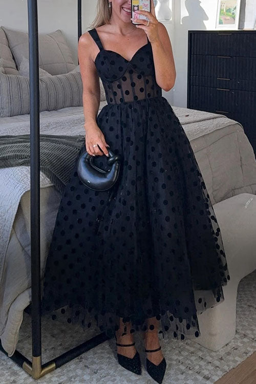 W&W Mode | Rosiekleid V-Ausschnitt Polka Dot Mesh A-Linie Midi Cami Kleid