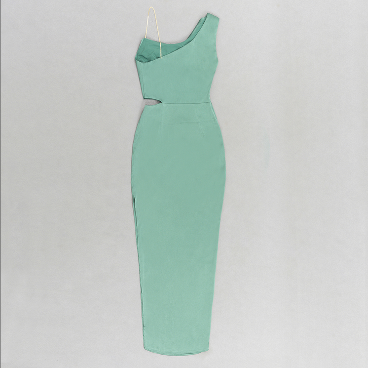 Asymmetrisches, figurbetontes Maxikleid mit hohem Schlitz | Grün