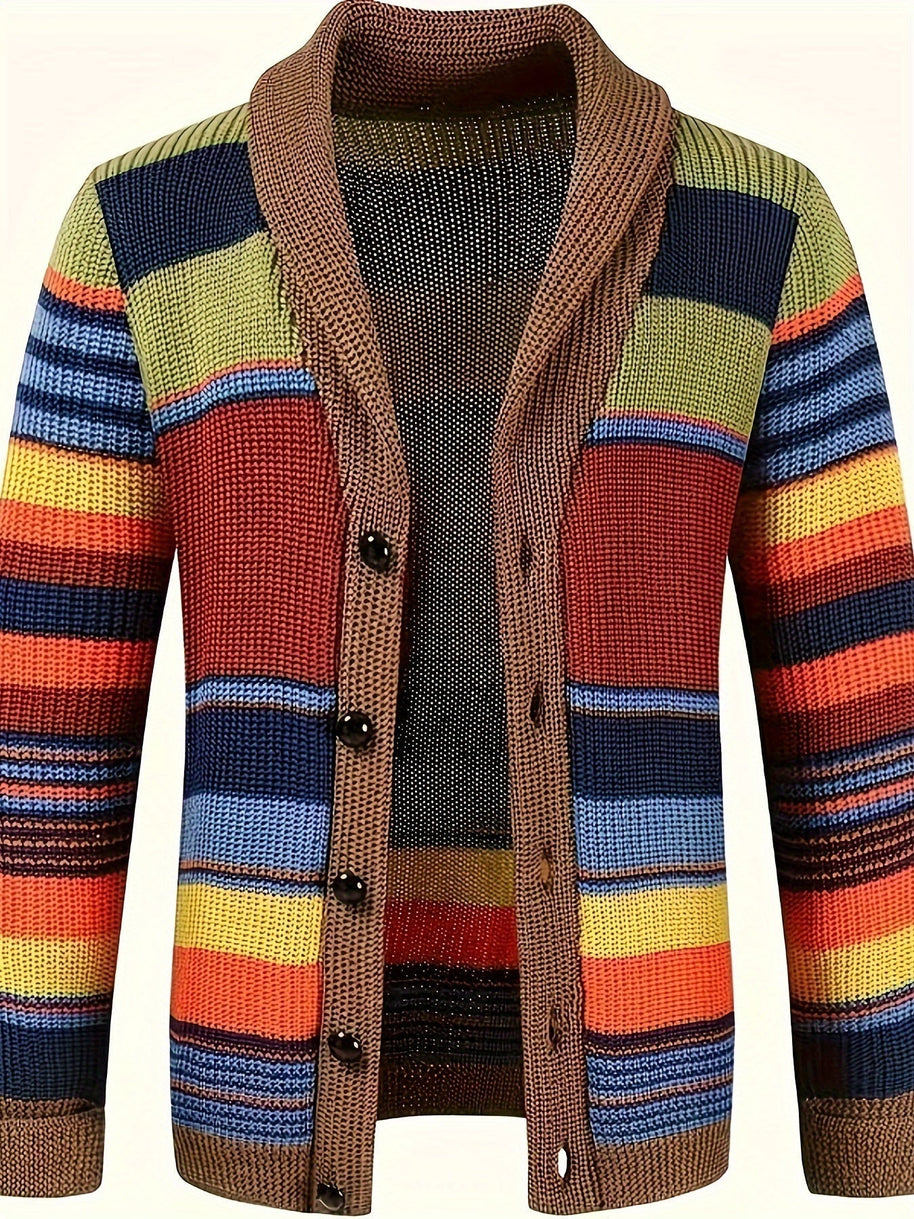 WW | Großer Gestrickter Herren Strickjacke Mit Kontrastierenden Farben