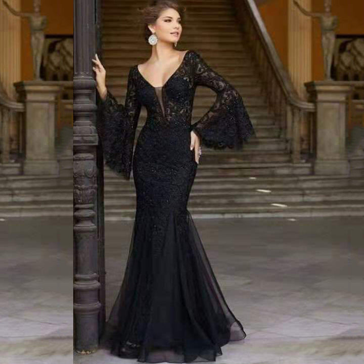 W&W Mode | Spitzenbesticktes schwarzes Meerjungfrau Kleid Slim für den Abend