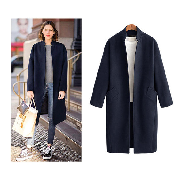 Damen elegante Langjacke mit lässigem Kragen und praktischen Taschen WW