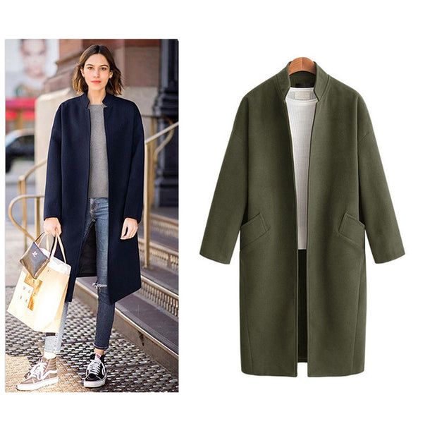 Damen elegante Langjacke mit lässigem Kragen und praktischen Taschen WW