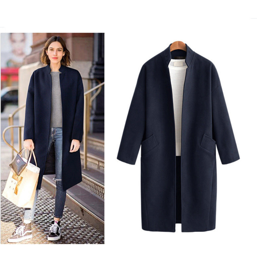 Damen elegante Langjacke mit lässigem Kragen und praktischen Taschen WW