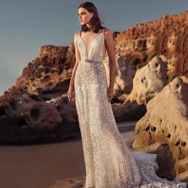 WW | V-Ausschnitt Ärmelloses Taillensammlungs Silber Paillette Slip Dress