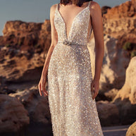 WW | V-Ausschnitt Ärmelloses Taillensammlungs Silber Paillette Slip Dress