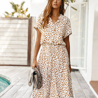 WW | Lässiger Polka Dot V-Ausschnitt Kurzarm Midi Kleid