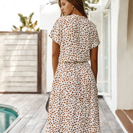WW | Lässiger Polka Dot V-Ausschnitt Kurzarm Midi Kleid