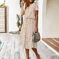 WW | Lässiger Polka Dot V-Ausschnitt Kurzarm Midi Kleid