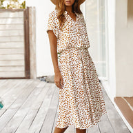 WW | Lässiger Polka Dot V-Ausschnitt Kurzarm Midi Kleid