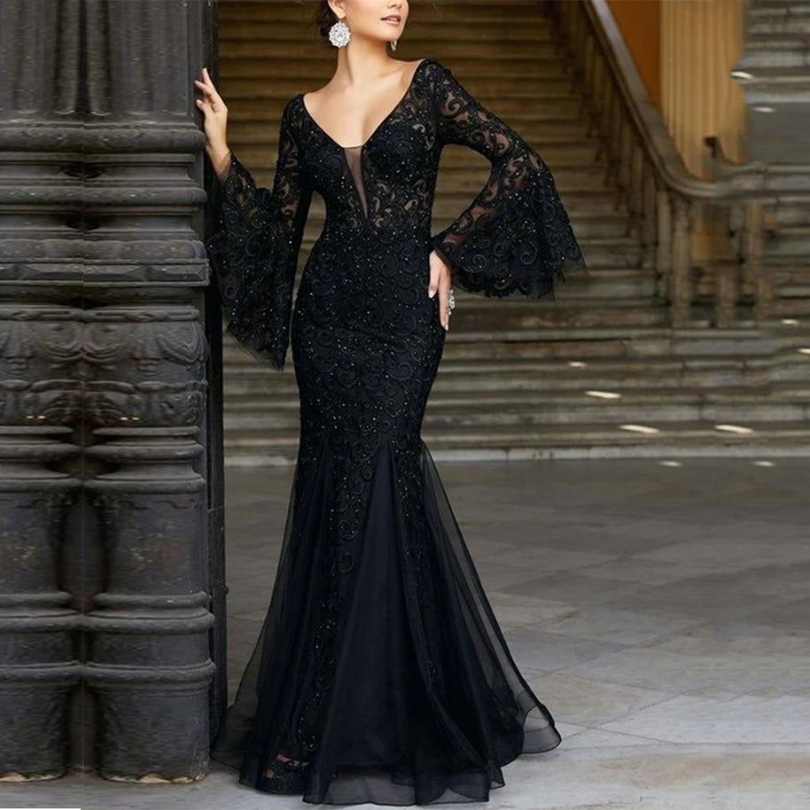 Damen Figurbetontes Abendkleid mit schimmernden Verzierungen und elegantem V-Ausschnitt WW