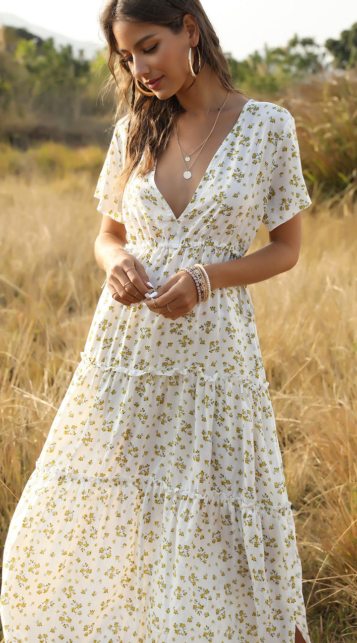 W&W Mode | Sommer Blumenmuster Rüschen Boho Maxi Kleid