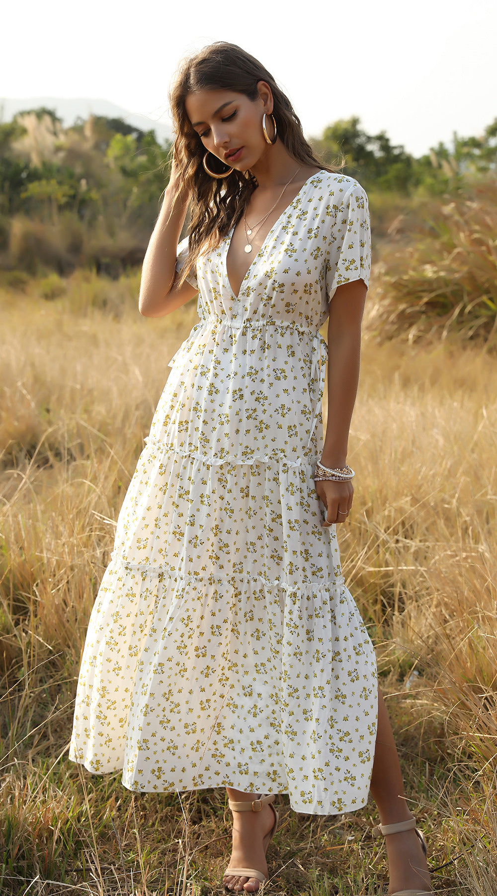 W&W Mode | Sommer Blumenmuster Rüschen Boho Maxi Kleid