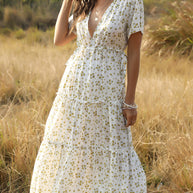 WW | Sommer Blumenmuster Rüschen Boho Maxi Kleid