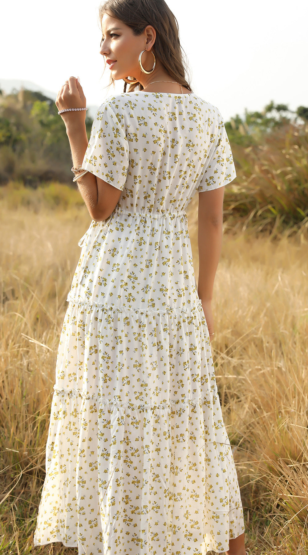 WW | Sommer Blumenmuster Rüschen Boho Maxi Kleid