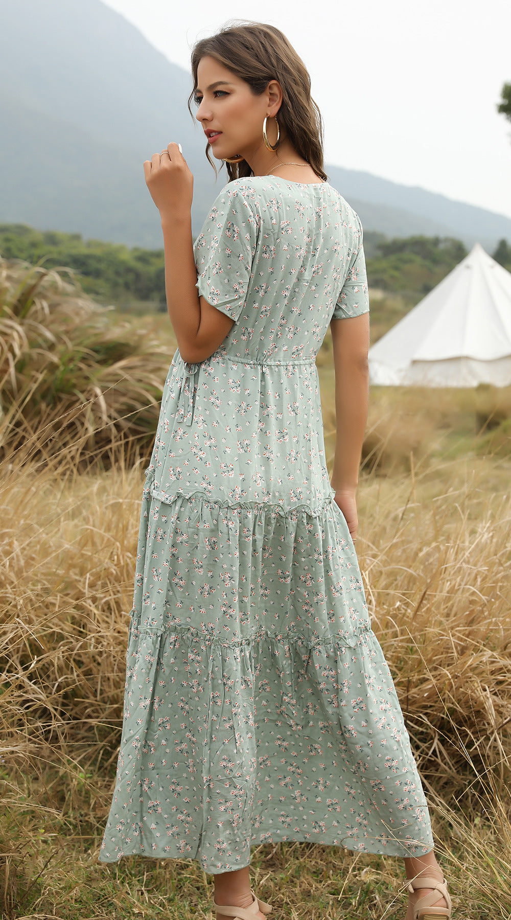 W&W Mode | Sommer Blumenmuster Rüschen Boho Maxi Kleid