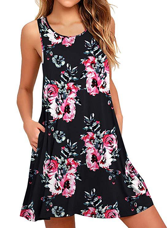 Damen ärmelloses Blumen-Minikleid mit praktischen Eingrifftaschen WW