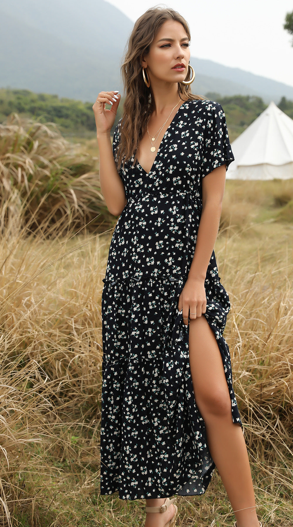 WW | Sommer Blumenmuster Rüschen Boho Maxi Kleid