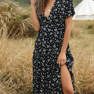 WW | Sommer Blumenmuster Rüschen Boho Maxi Kleid