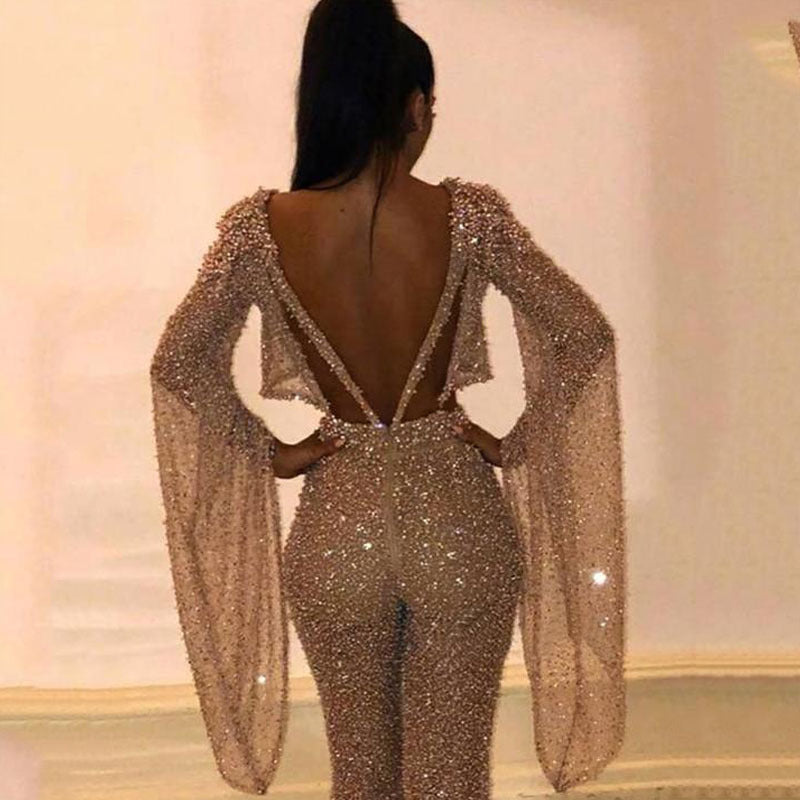 WW | Sexy Langarm Rückenfreier Jumpsuit & Taillenausschnitt Hose