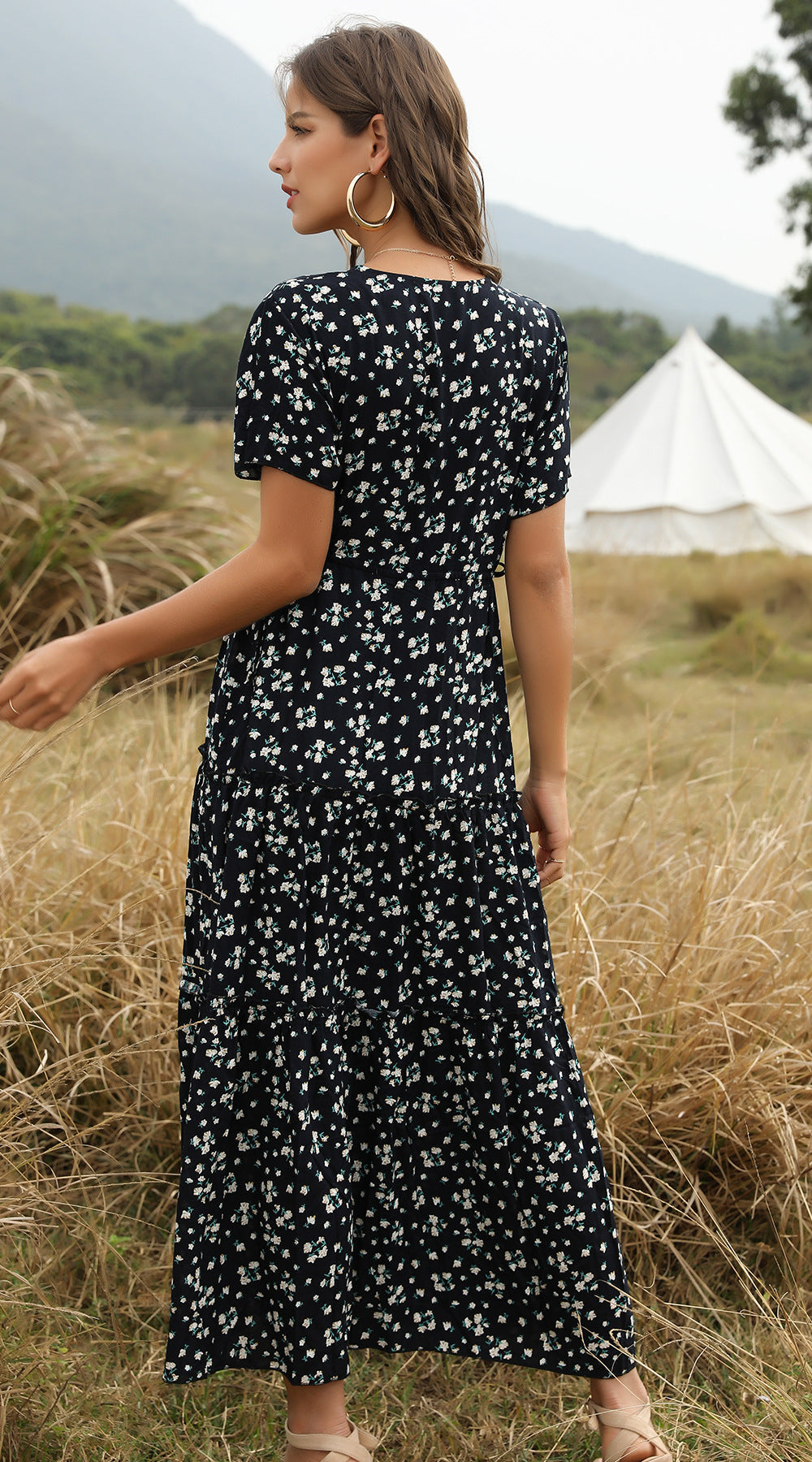 WW | Sommer Blumenmuster Rüschen Boho Maxi Kleid