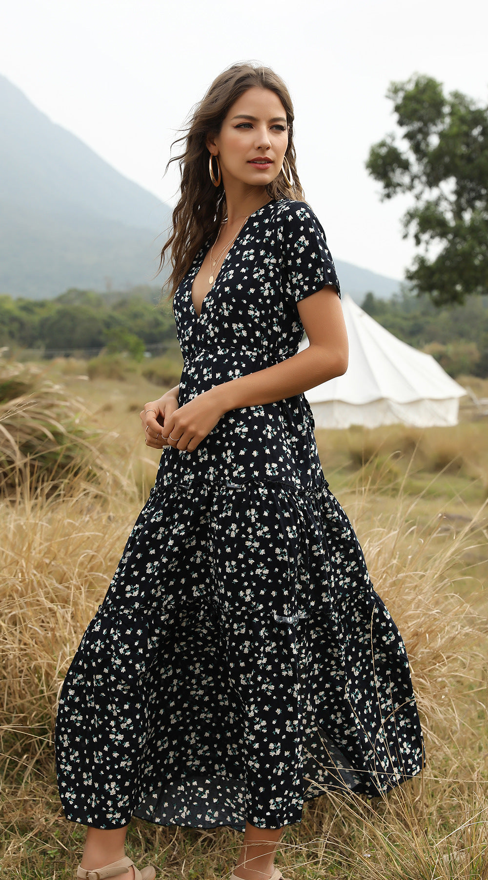 WW | Sommer Blumenmuster Rüschen Boho Maxi Kleid