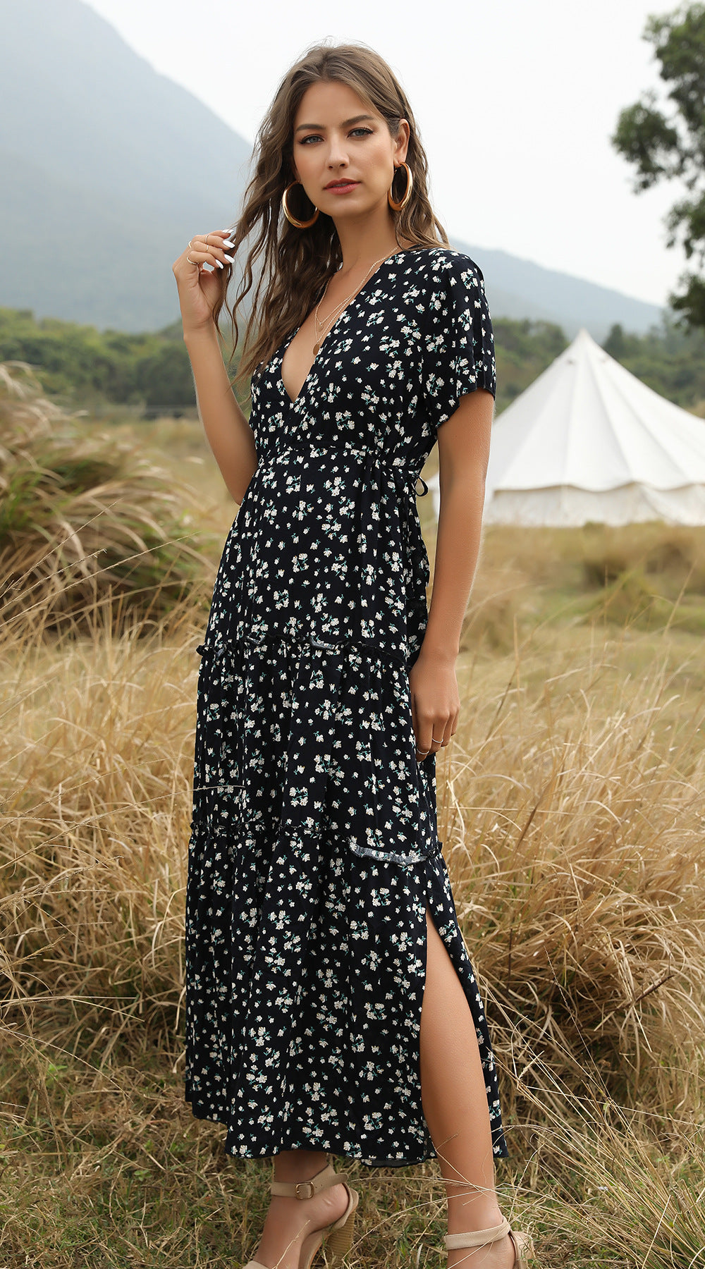 W&W Mode | Sommer Blumenmuster Rüschen Boho Maxi Kleid