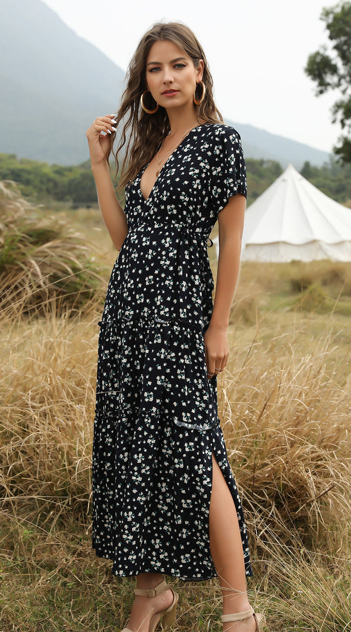 W&W Mode | Sommer Blumenmuster Rüschen Boho Maxi Kleid