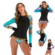 Damen Rashguard und Bikini-Set mit buntem Muster und langen Ärmeln WW