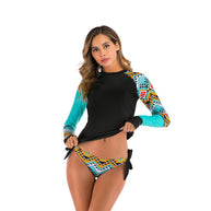 Damen Rashguard und Bikini-Set mit buntem Muster und langen Ärmeln WW