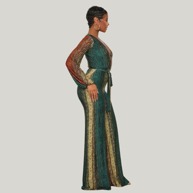 W&W Mode | Metallic-Plissee-Jumpsuit mit weitem Bein und Gürtel