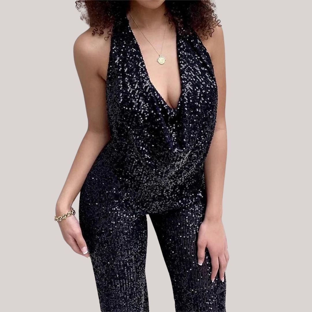 W&W Mode - Eleganter Glitzer-Jumpsuit mit Ausschnitt
