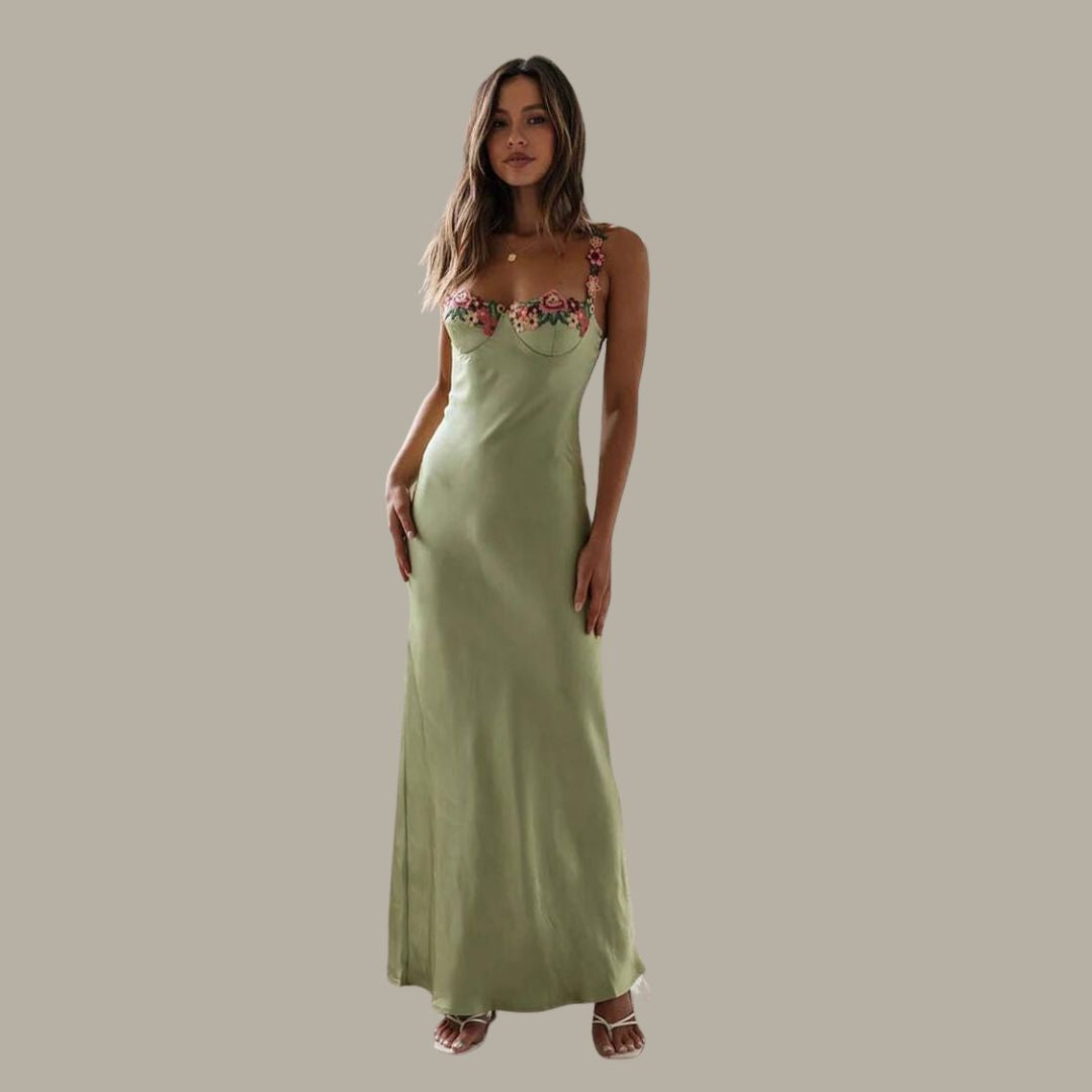 W&W Mode | Blume Bootsausschnitt Hoher Schlitz Satin Schlank Garten Party Slip Maxikleider
