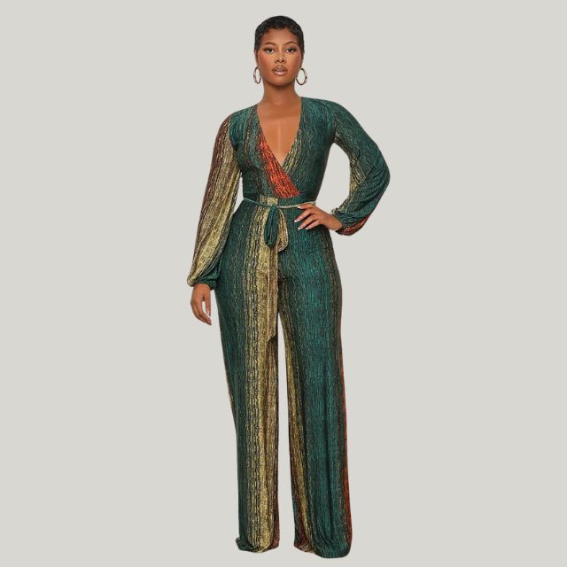 WW | Metallic-Plissee-Jumpsuit mit weitem Bein und Gürtel