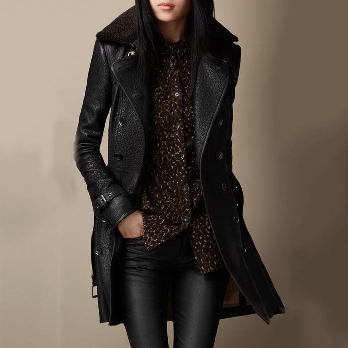 WW | Zweireihige Lederjacke Mit Schaffellkragen Für Damen