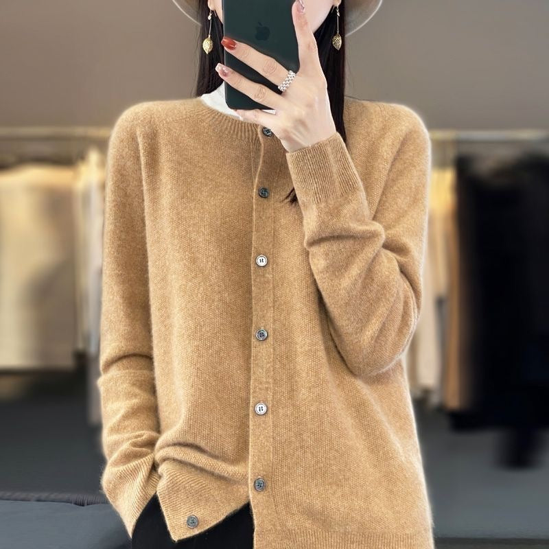 WW | Merino Woll Strickjacke Mit Rundhalsausschnitt Und Langen Ärmeln